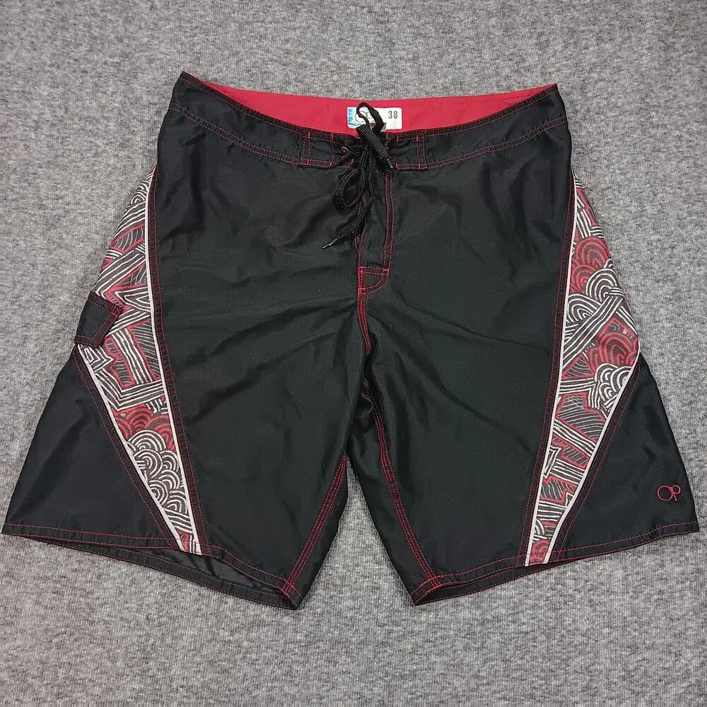 OP Swim Trunks Shorts Mens 38 Black Red Board Shorts Tribal Print Surf Beachwear